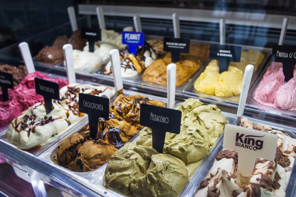 Large tubs of ice cream in an Argentine ice cream sho