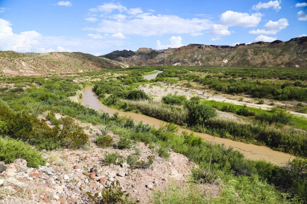 A brown river flows between bright green grass with a dessert behind it