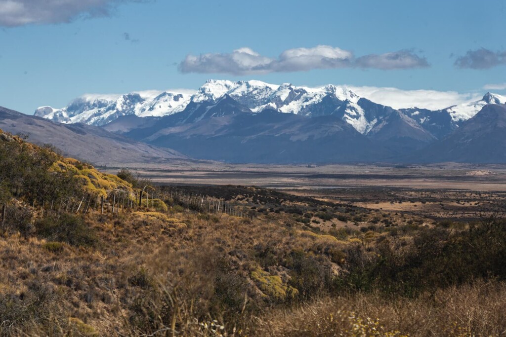 Snow capped mountains and a blue sky are in the background of rolling plains and pasture land.