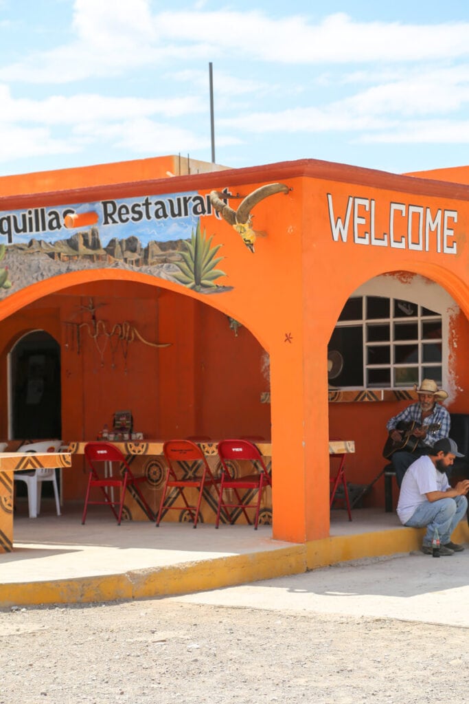 Tables at a tiled chair on the porch at Boquillas Restaurant