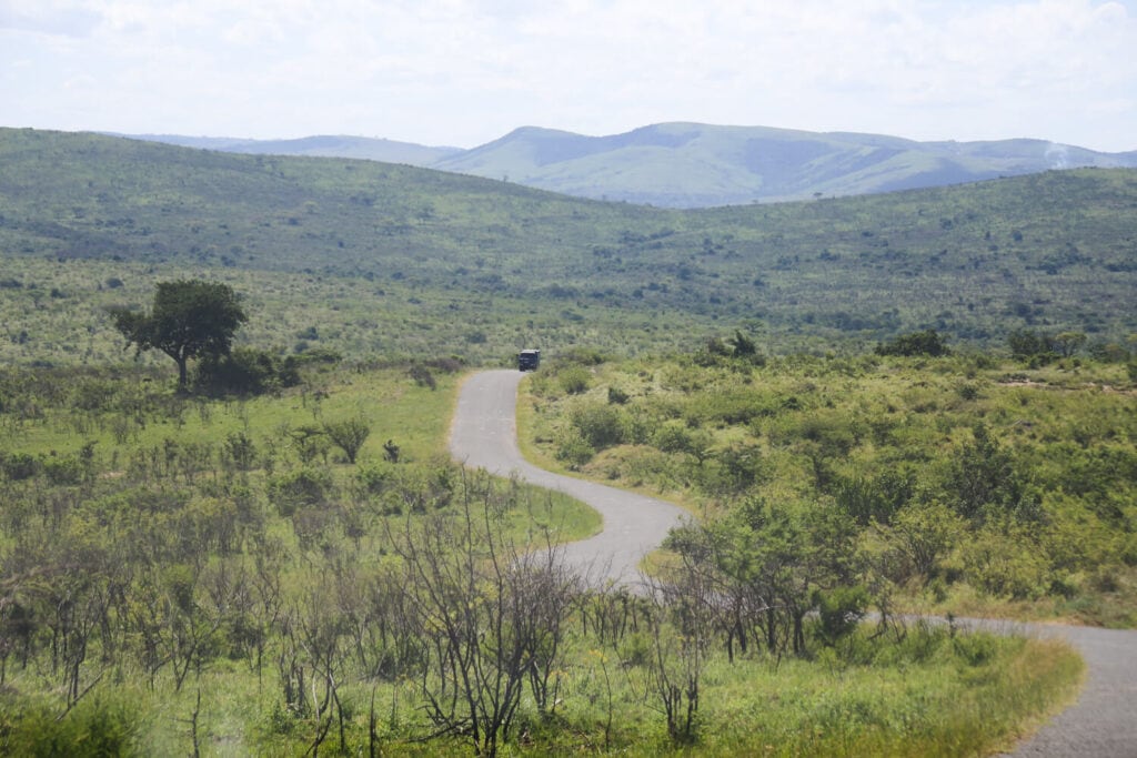 A paved road surrounded by rolling green hills