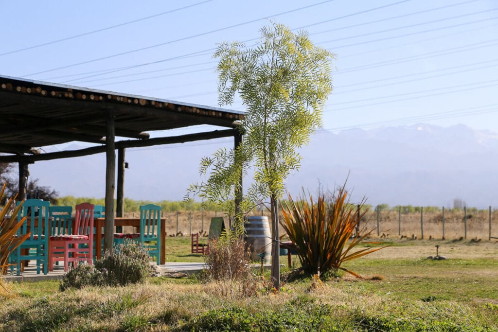 An outdoor restaurant by the mountains