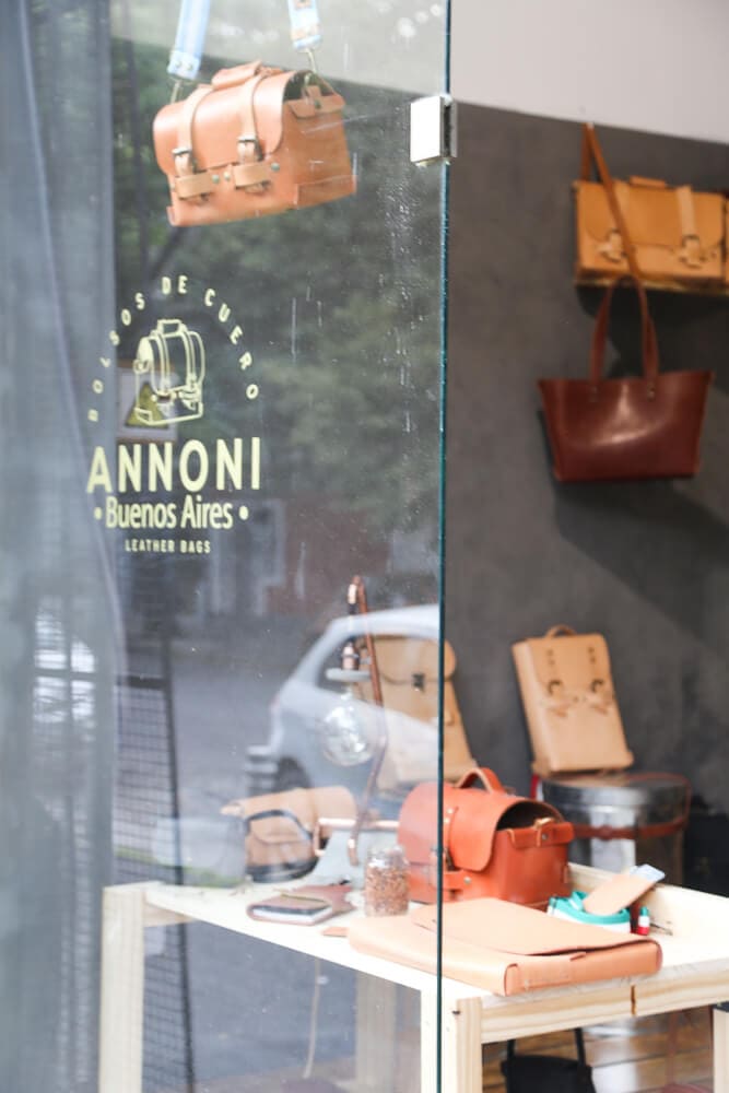 A shop selling leather bags seen from the outside
