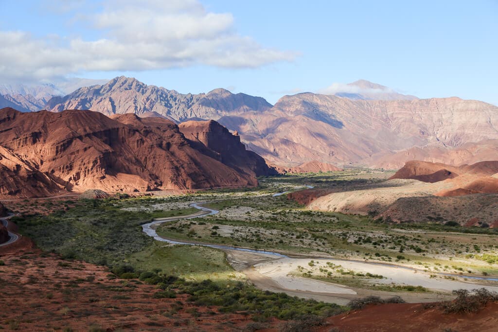 A creek with green vegetation in the floor of a red canyon