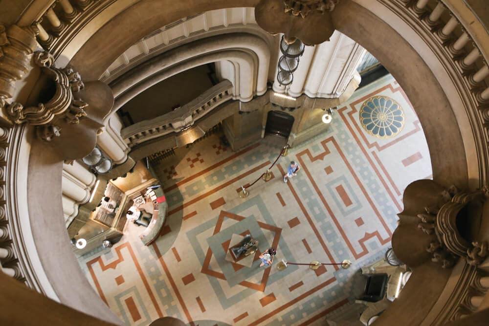 A foyer of a historic building seen from above