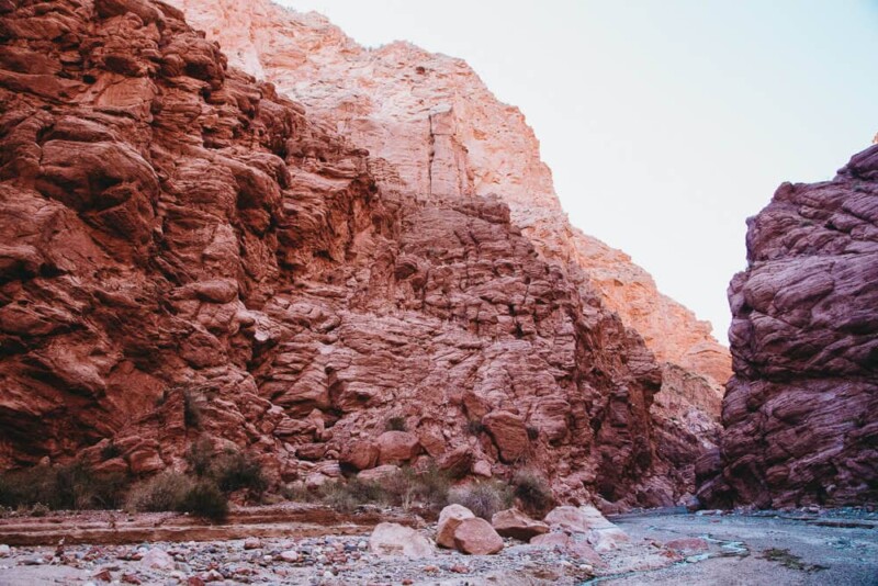 A river weaves between the walls of a red canyon