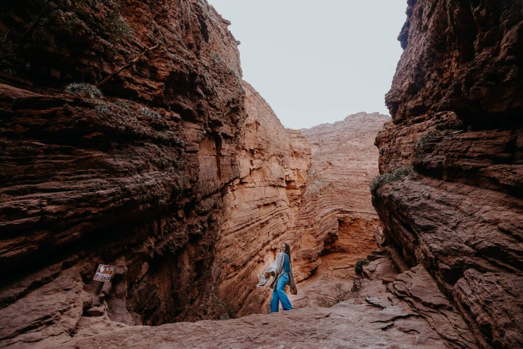 A woman standing on a red rock formation in a canyon