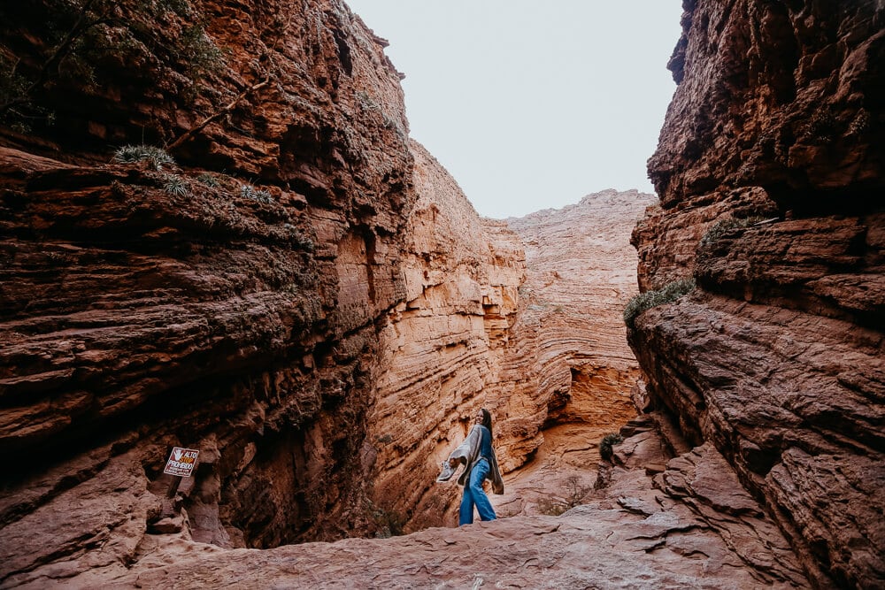 A woman stands in a red canyon