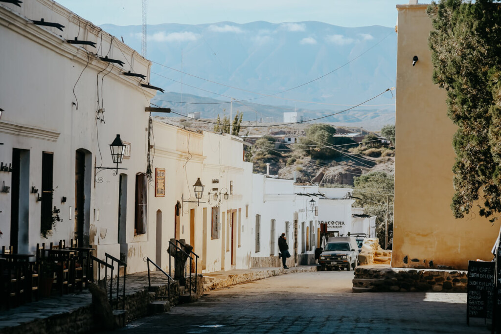 Single story historic buildings in a Spanish colonial town in Argentina