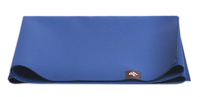 A blue folded yoga mat