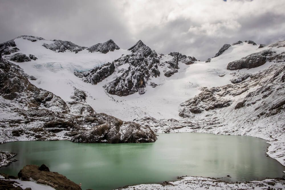 A green lagoon in the snowy mountains