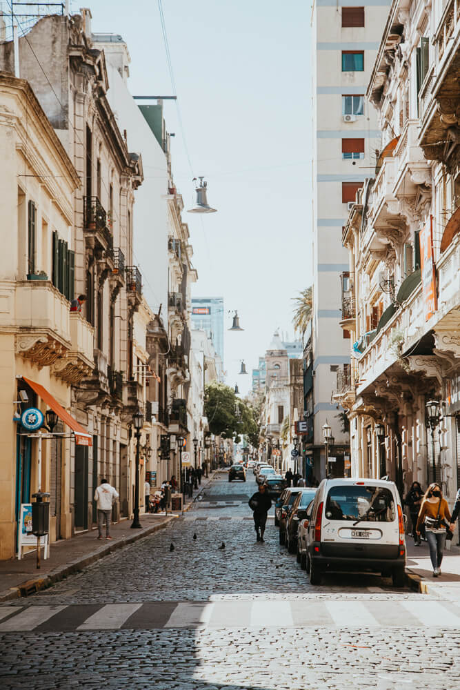 Colonial style buildings on a cobblestone street