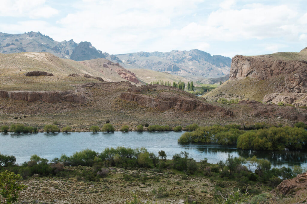 Trees grow around the Rio Limay in Valle Encantado Bariloche's Circuito Grande drive