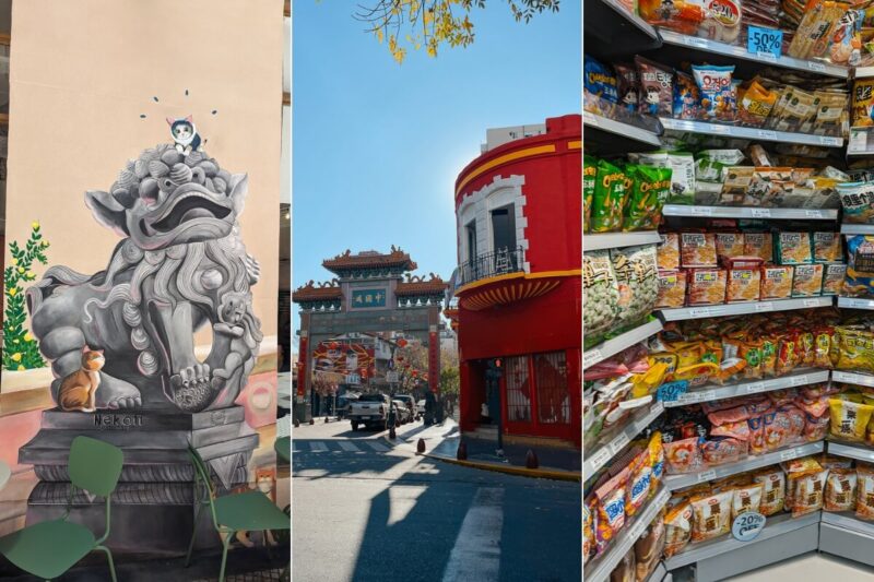 A collage of three photos of Buenos Aires' Chinatown, one photo of a mural of a dragon, one photo of the gate to Chinatown and a third photo of imported Chinese snacks